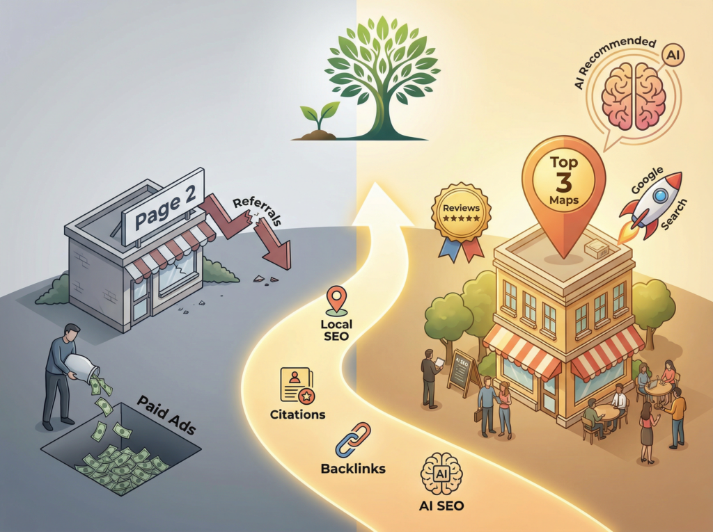 Illustration showing a local business growing from page 2 rankings and paid ads to top 3 Google Maps positions through local SEO, citations, backlinks, and AI search optimization